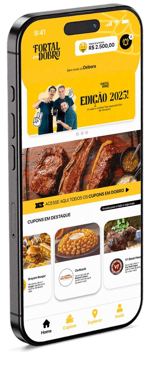 App Fortal em Dobro: tela inicial, mapa interativo e lista de cupons
