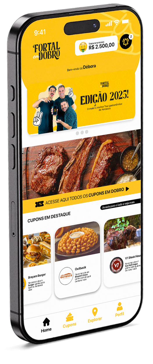 App Fortal em Dobro: tela inicial, mapa interativo e lista de cupons